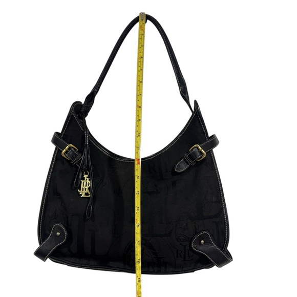 LRL Lauren Ralph Lauren Black Shoulder Bag Signature Logo Canvas Buckles Flawed - Picture 13 of 13